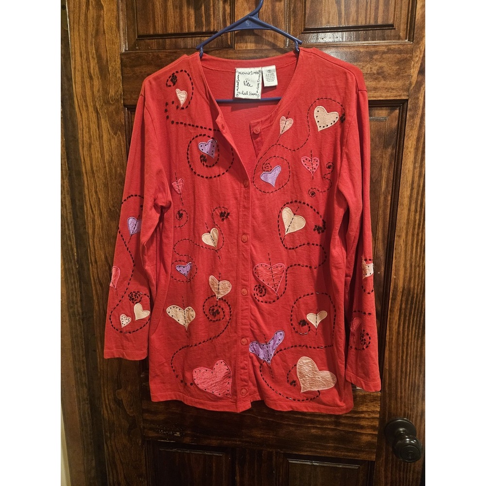 Michael Simon Lite Red Cotton Heart Patchwork Cardigan Sweater Small